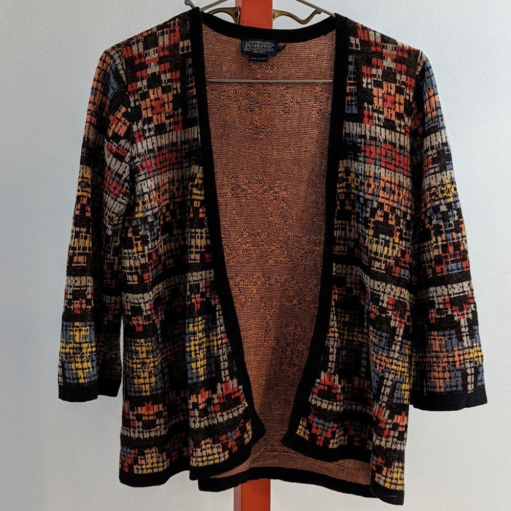Pendleton Petite Small Southwestern Aztec Open Cardigan Black Multicolored